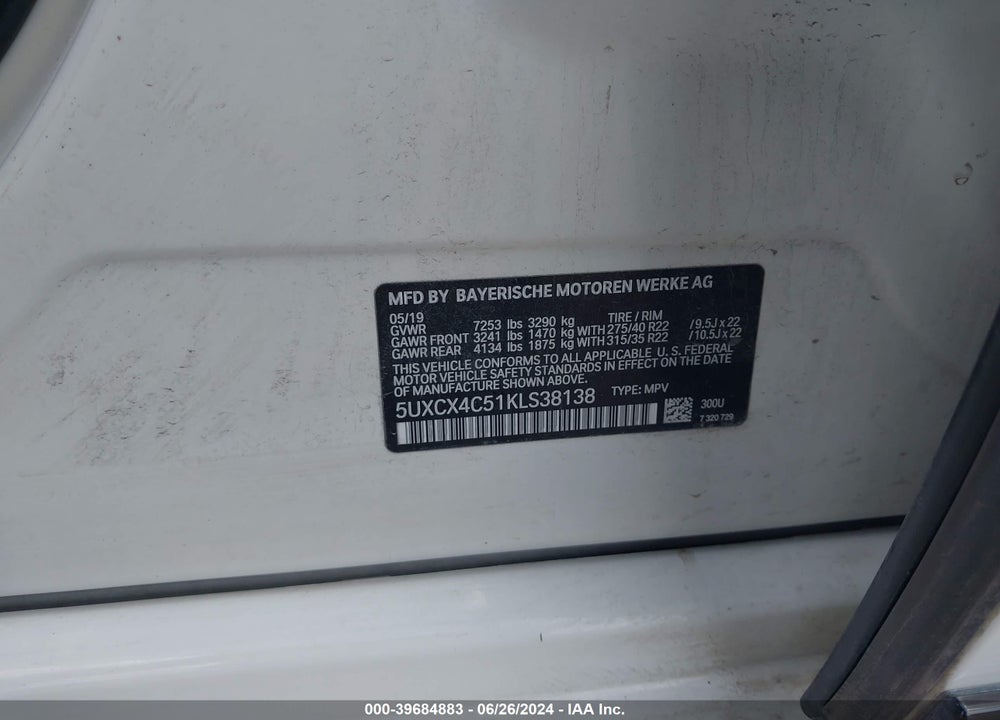 2019 BMW X7 XDRIVE50I VIN: 5UXCX4C51KLS38138