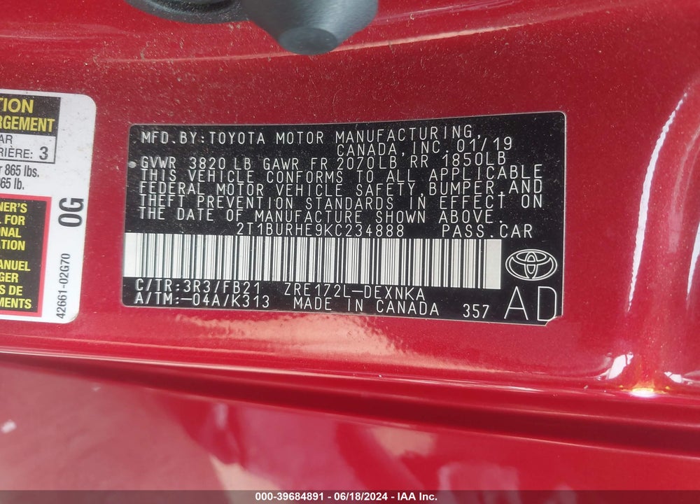 2019 TOYOTA COROLLA LE VIN: 2T1BURHE9KC234888