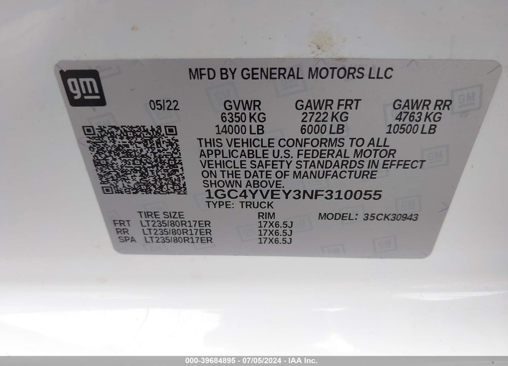 2022 CHEVROLET SILVERADO 3500HD 4WD  LONG BED HIGH COUNTRY VIN: 1GC4YVEY3NF310055