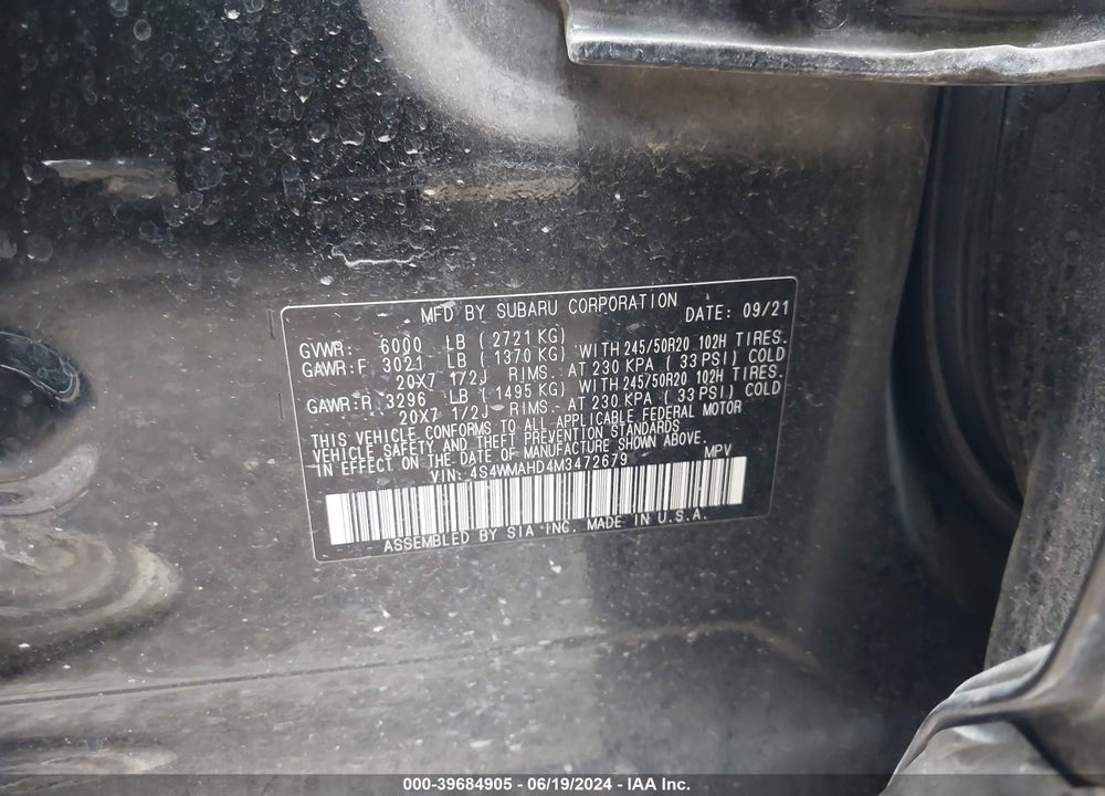 2021 SUBARU ASCENT PREMIUM VIN: 4S4WMAHD4M3472679
