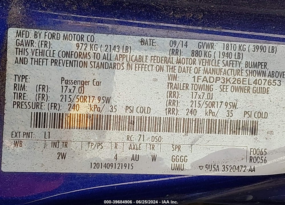 2014 FORD FOCUS SE VIN: 1FADP3K26EL407653