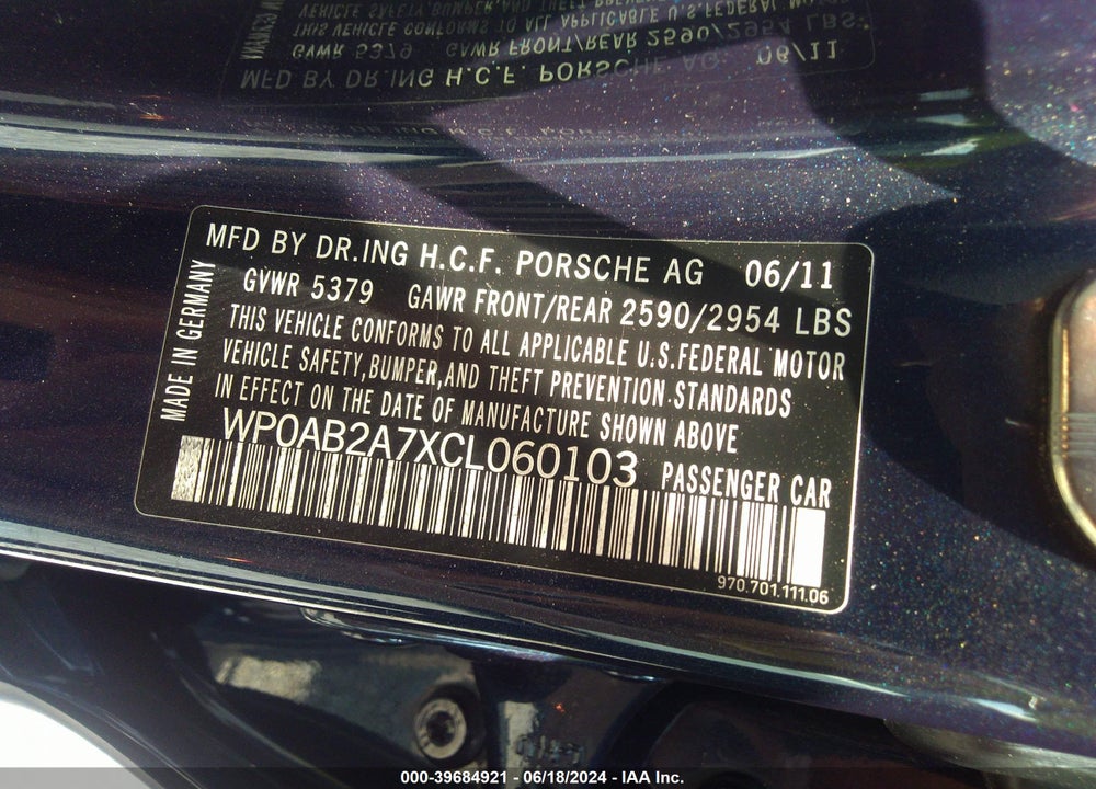 2012 PORSCHE PANAMERA 4S VIN: WP0AB2A7XCL060103