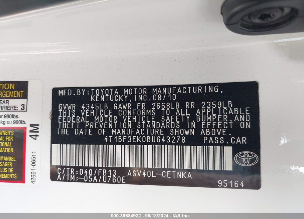 2011 TOYOTA CAMRY LE VIN: 4T1BF3EK0BU643278