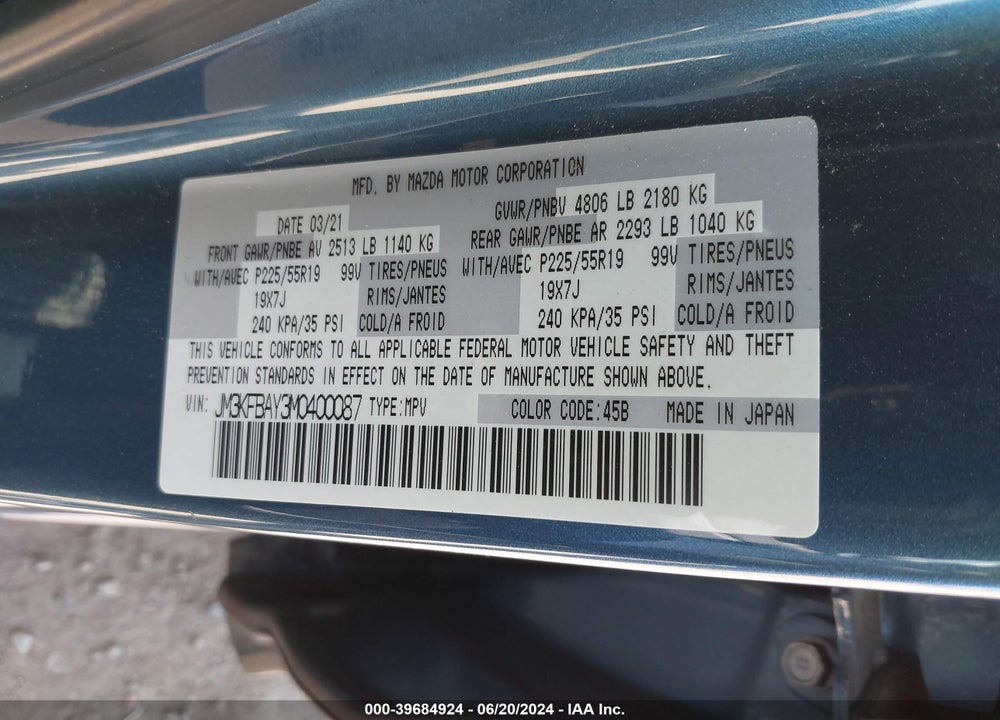 2021 MAZDA CX-5 GRAND TOURING RESERVE VIN: JM3KFBAY3M0400087