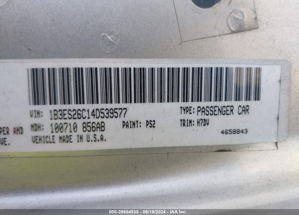 2004 DODGE NEON SE VIN: 1B3ES26C14D539577
