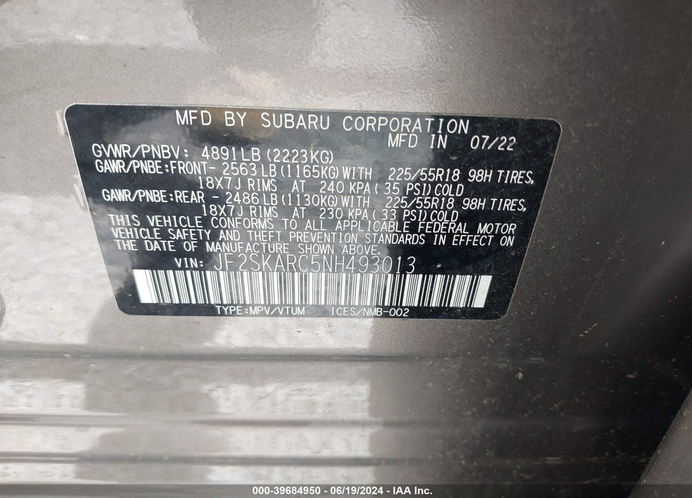 2022 SUBARU FORESTER TOURING VIN: JF2SKARC5NH493013