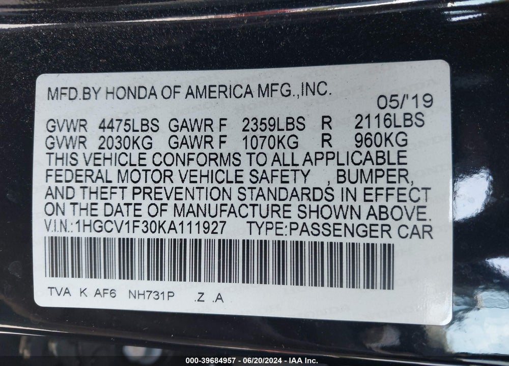 2019 HONDA ACCORD SPORT VIN: 1HGCV1F30KA111927