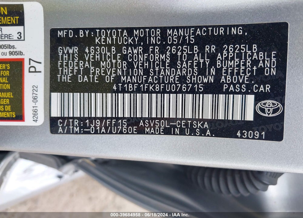 2015 TOYOTA CAMRY SE VIN: 4T1BF1FK8FU076715