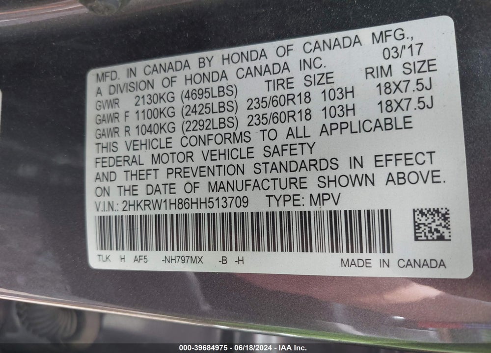 2017 HONDA CR-V EX-L/EX-L NAVI VIN: 2HKRW1H86HH513709