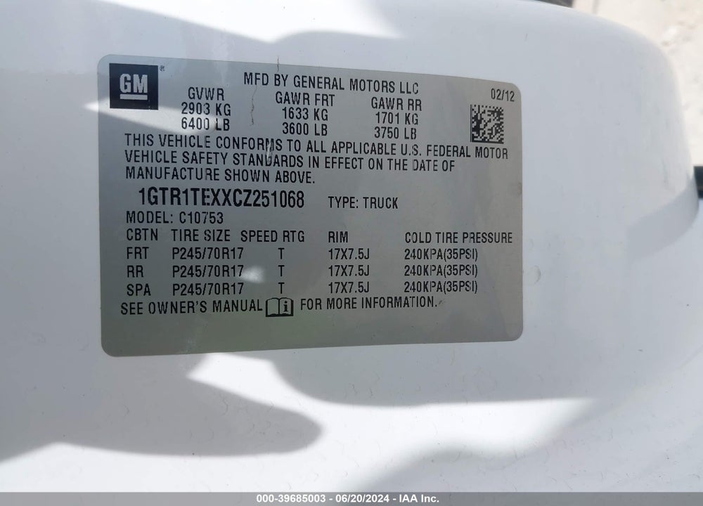 2012 GMC SIERRA 1500 WORK TRUCK VIN: 1GTR1TEXXCZ251068