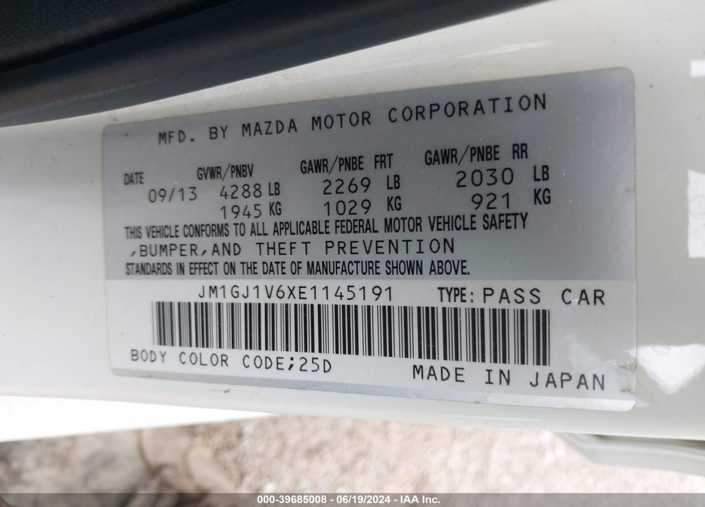 2014 MAZDA 6 I TOURING VIN: JM1GJ1V6XE1145191