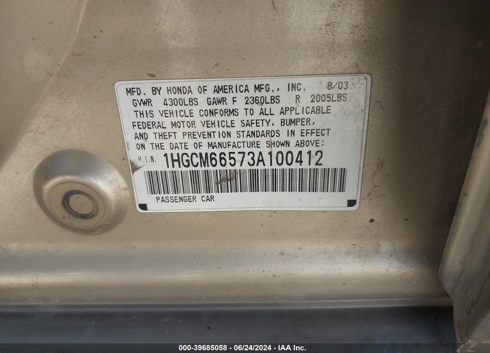 2003 HONDA ACCORD 3.0 EX VIN: 1HGCM66573A100412