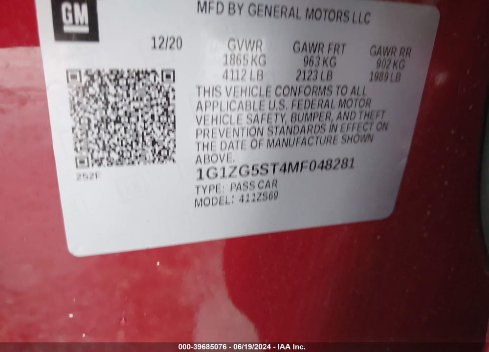 2021 CHEVROLET MALIBU FWD RS VIN: 1G1ZG5ST4MF048281