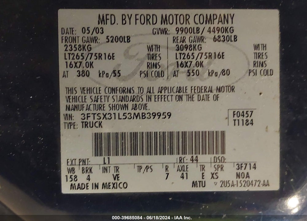 2003 FORD F-350 LARIAT/XL/XLT VIN: 3FTSX31L53MB39959