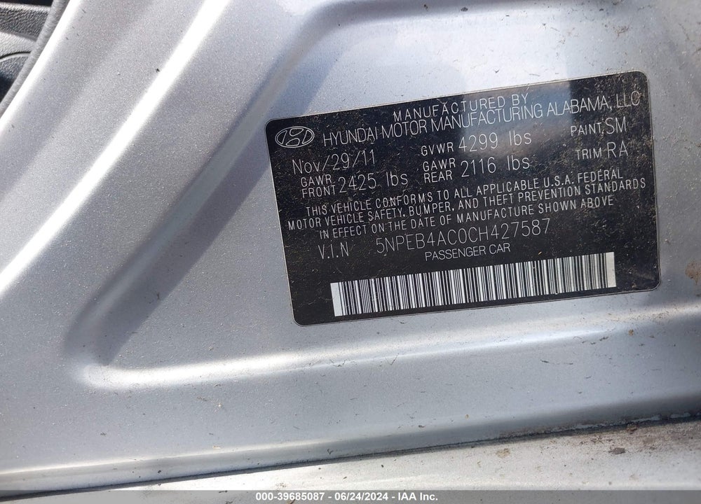 2012 HYUNDAI SONATA GLS VIN: 5NPEB4AC0CH427587
