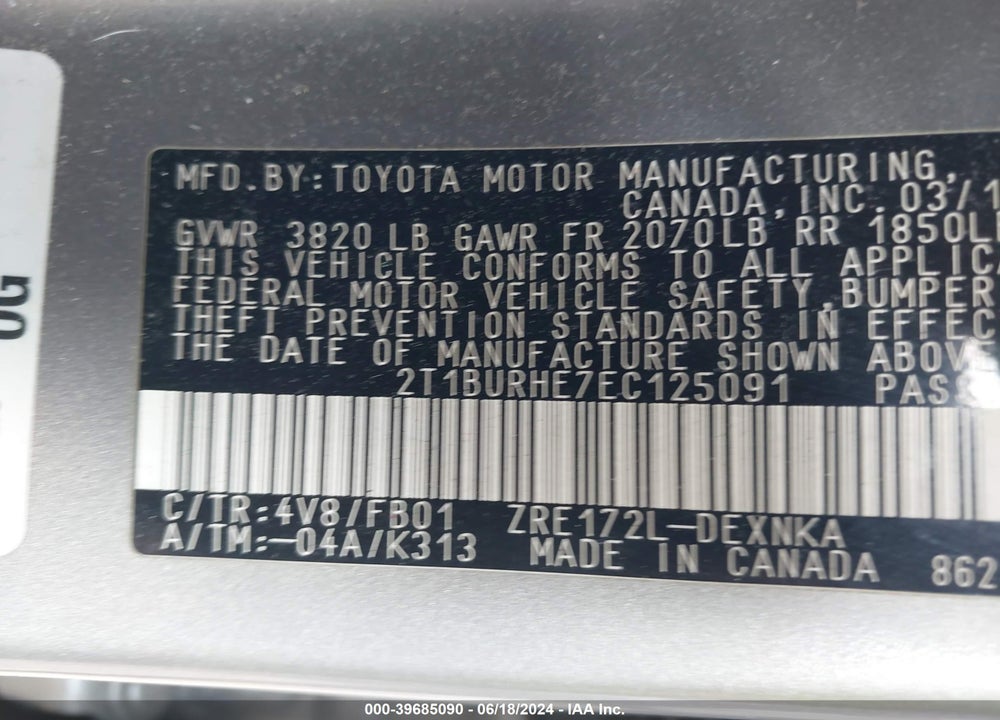 2014 TOYOTA COROLLA LE VIN: 2T1BURHE7EC125091