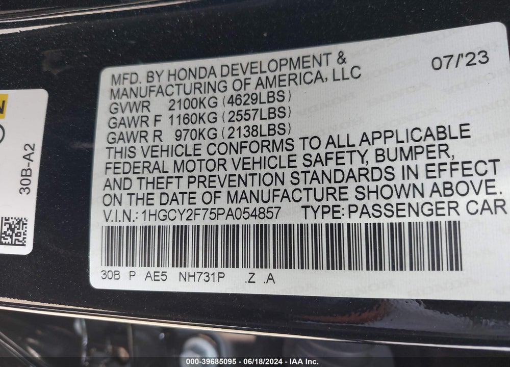 2023 HONDA ACCORD HYBRID SPORT-L VIN: 1HGCY2F75PA054857