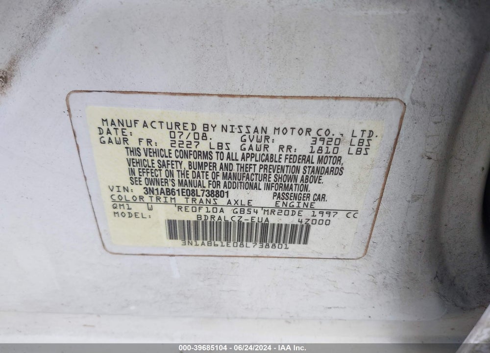 2008 NISSAN SENTRA 2.0 VIN: 3N1AB61E08L738801