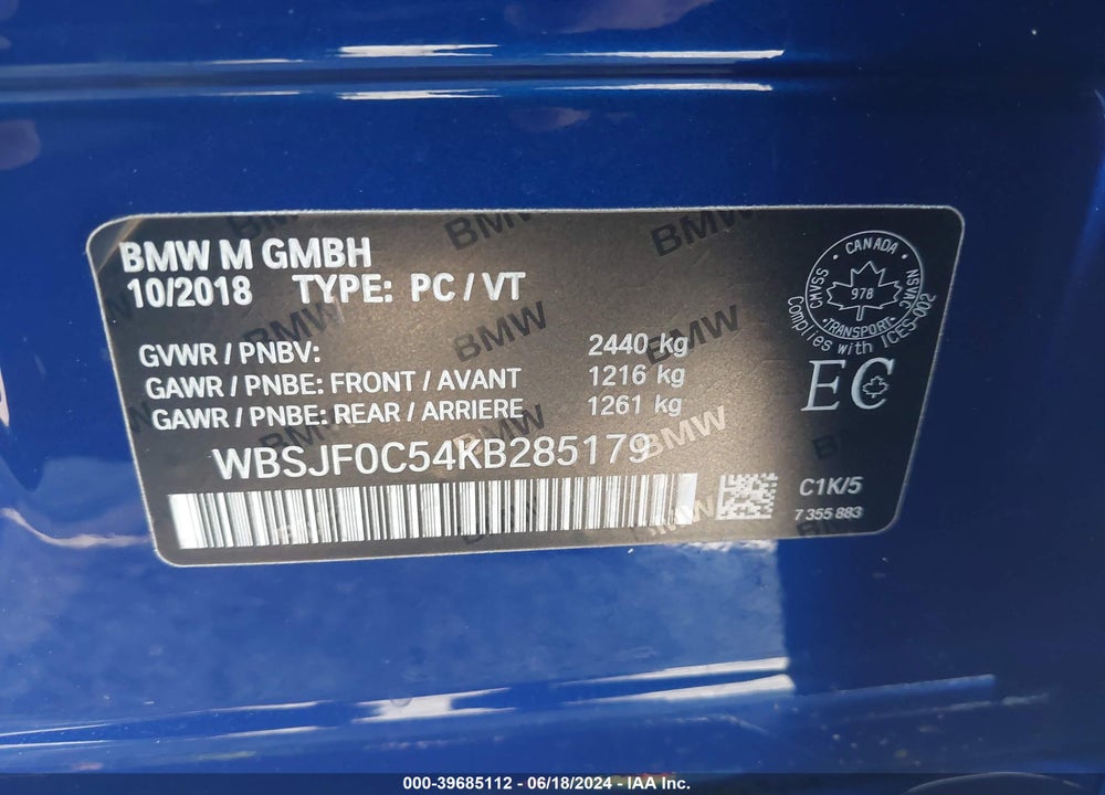 2019 BMW M5 COMPETITION VIN: WBSJF0C54KB285179