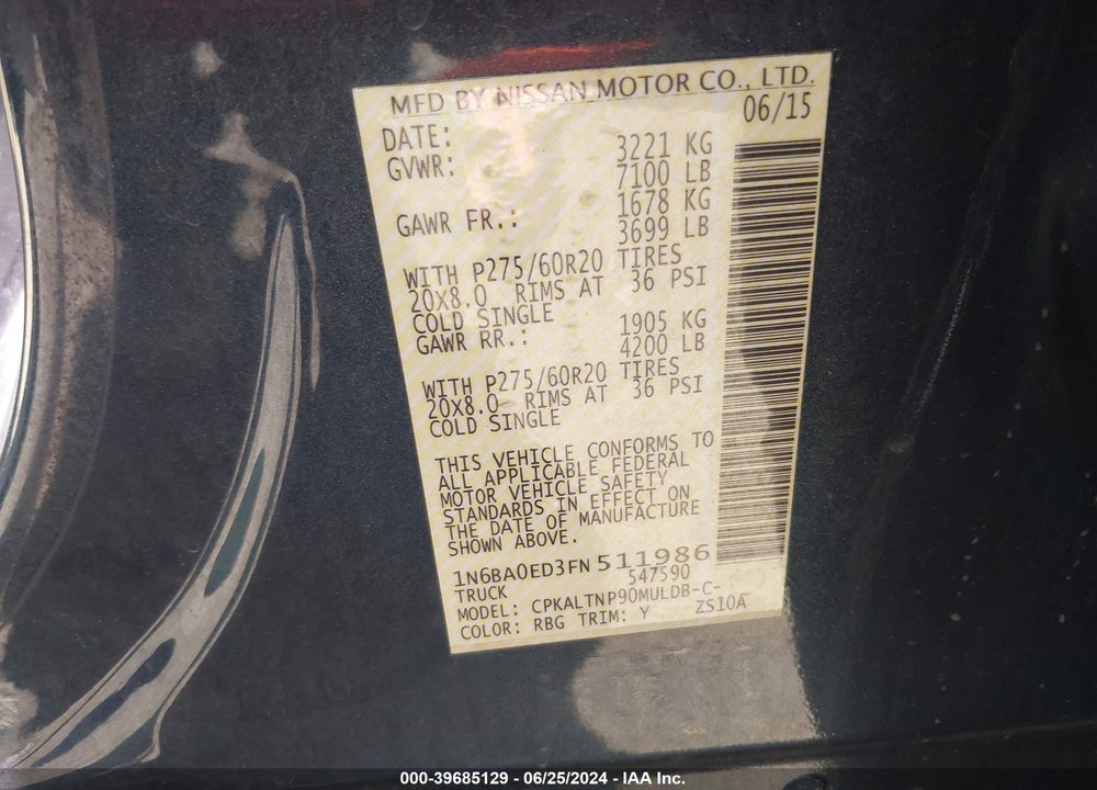 2015 NISSAN TITAN SV VIN: 1N6BA0ED3FN511986