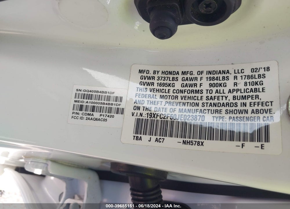 2018 HONDA CIVIC LX VIN: 19XFC2F50JE023870