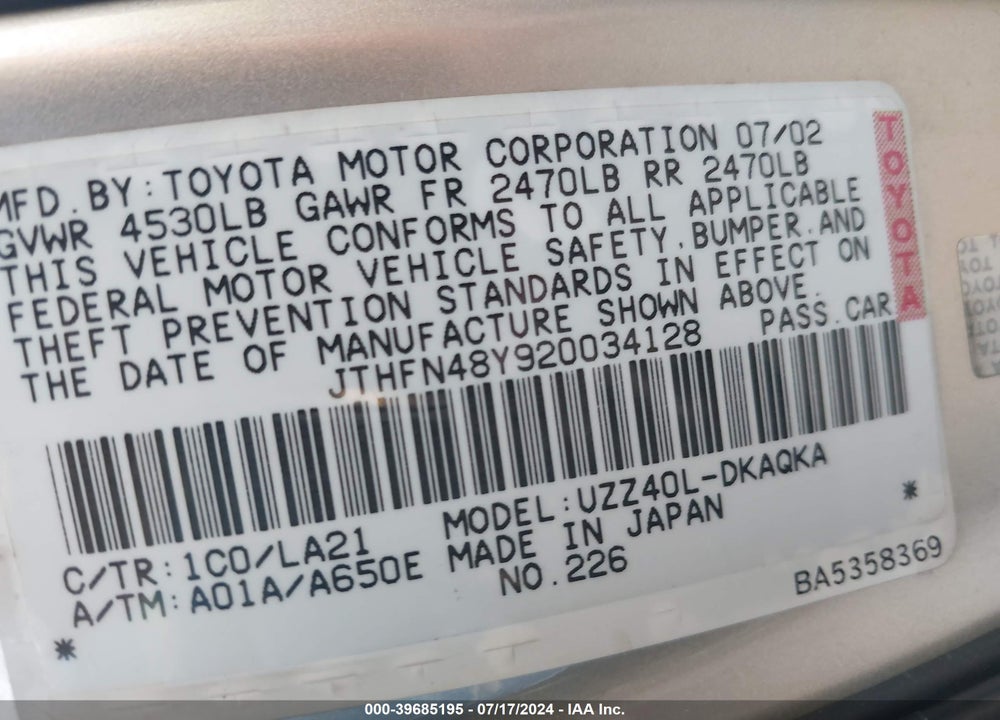 2002 LEXUS SC 430 VIN: JTHFN48Y920034128