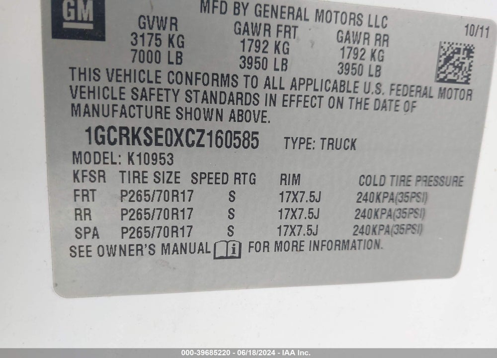 2012 CHEVROLET SILVERADO 1500 LT VIN: 1GCRKSE0XCZ160585