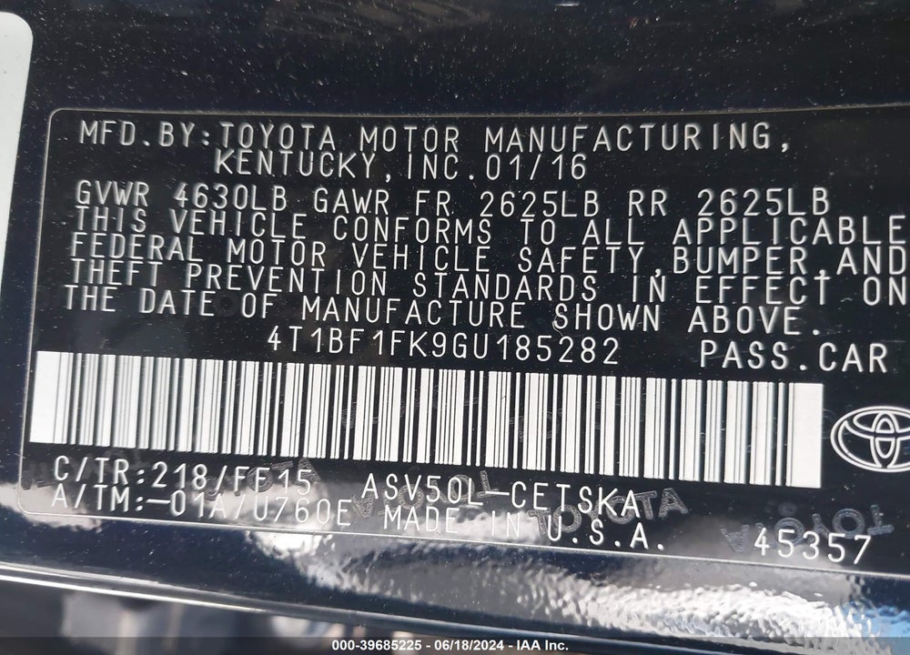 2016 TOYOTA CAMRY SE VIN: 4T1BF1FK9GU185282