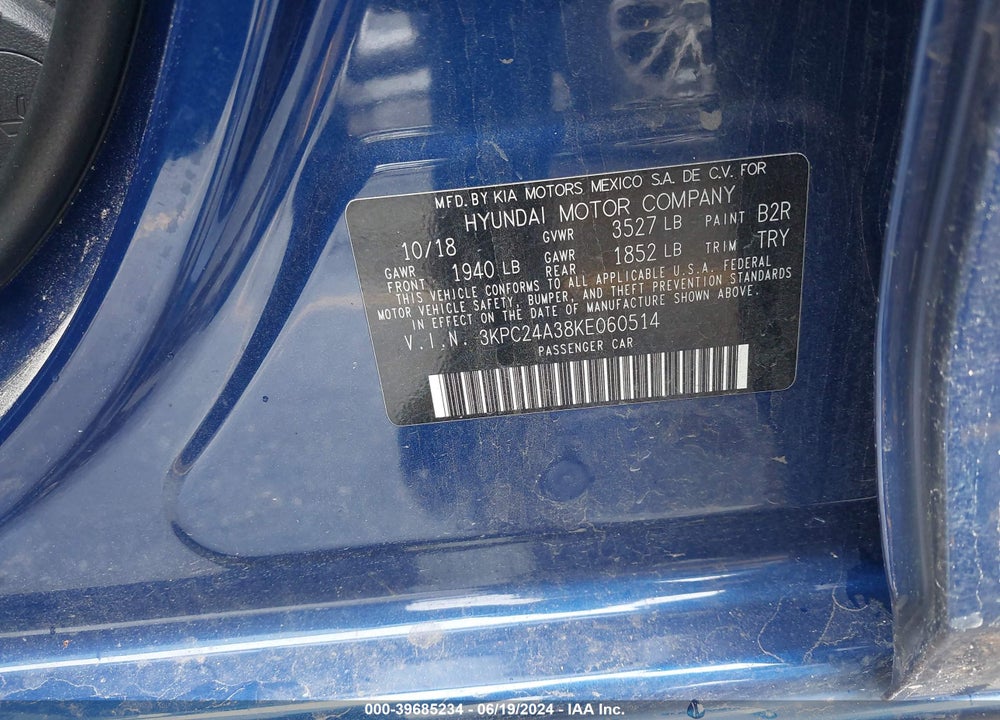2019 HYUNDAI ACCENT VIN: 3KPC24A38KE060514