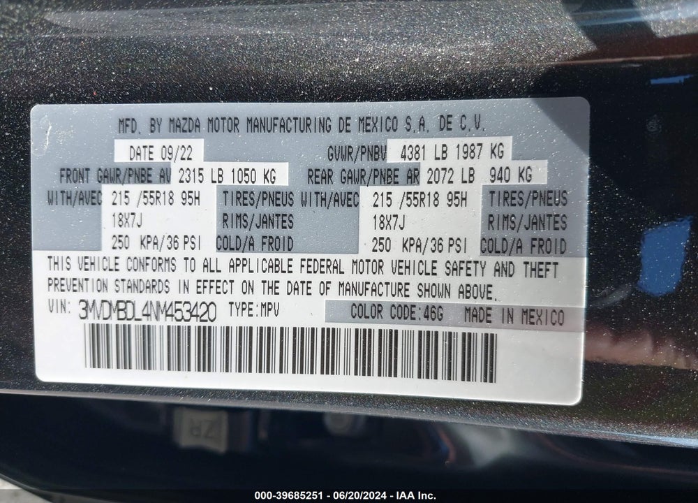 2022 MAZDA CX-30 PREMIUM VIN: 3MVDMBDL4NM453420