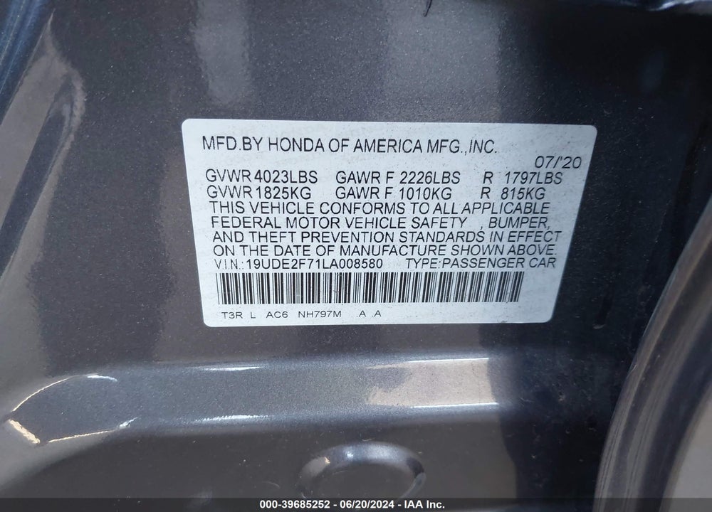 2020 ACURA ILX PREMIUM PACKAGE/TECHNOLOGY PACKAGE VIN: 19UDE2F71LA008580