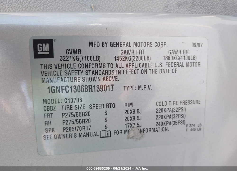 2008 CHEVROLET TAHOE LTZ VIN: 1GNFC13068R139017