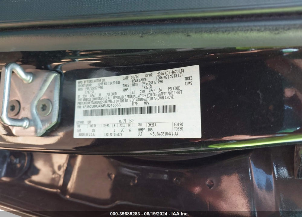 2014 FORD ESCAPE SE VIN: 1FMCU0GX6EUC45563