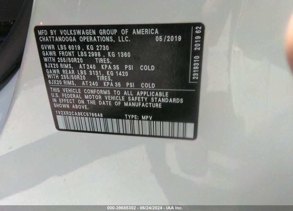 2019 VOLKSWAGEN ATLAS 3.6L V6 SE W/TECHNOLOGY R-LINE VIN: 1V2XR2CA8KC576648