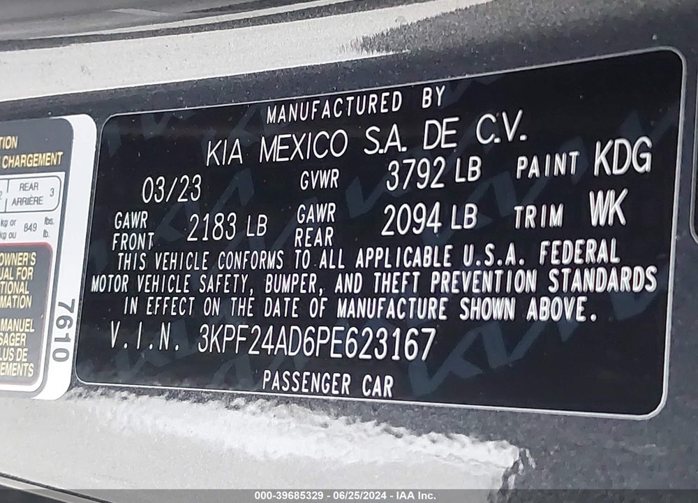 2023 KIA FORTE LXS VIN: 3KPF24AD6PE623167