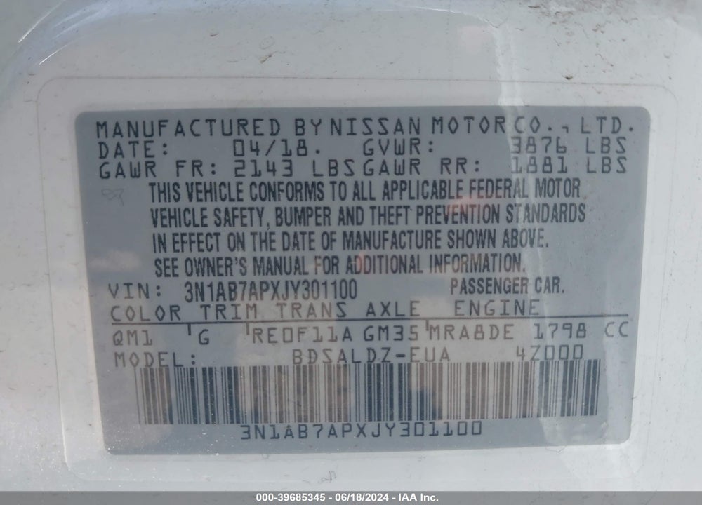 2018 NISSAN SENTRA SV VIN: 3N1AB7APXJY301100