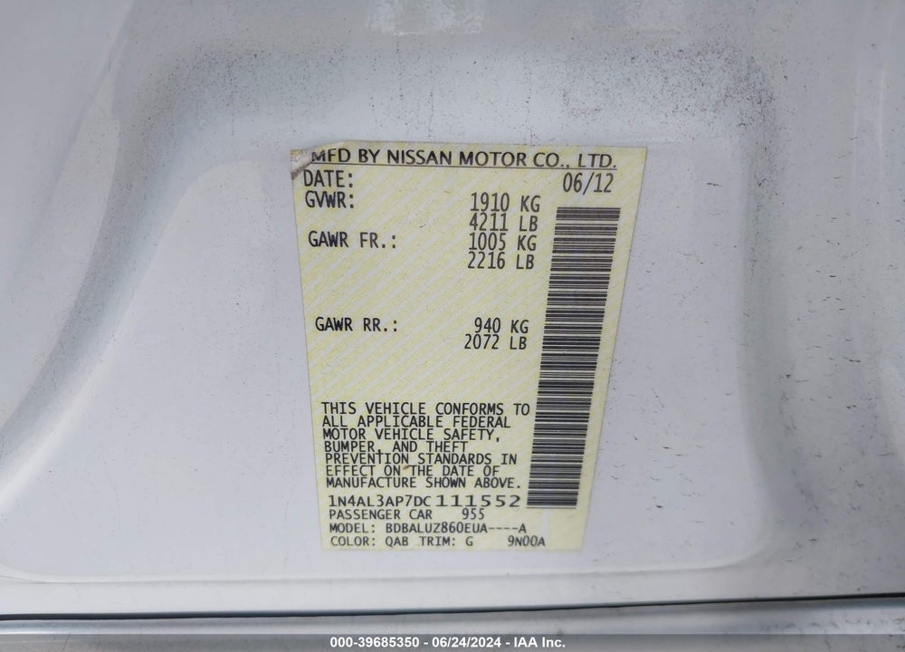 2013 NISSAN ALTIMA 2.5 SV VIN: 1N4AL3AP7DC111552