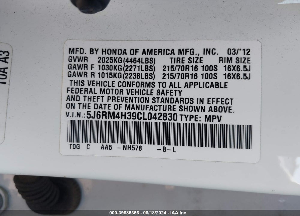 2012 HONDA CR-V LX VIN: 5J6RM4H39CL042830