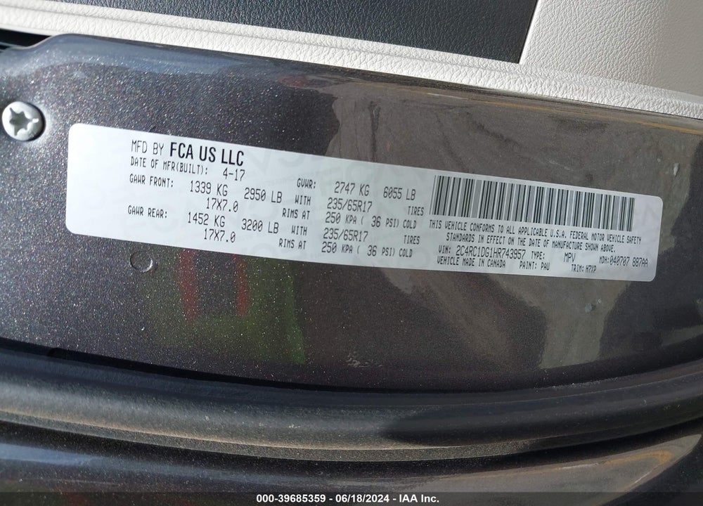 2017 CHRYSLER PACIFICA TOURING VIN: 2C4RC1DG1HR743957