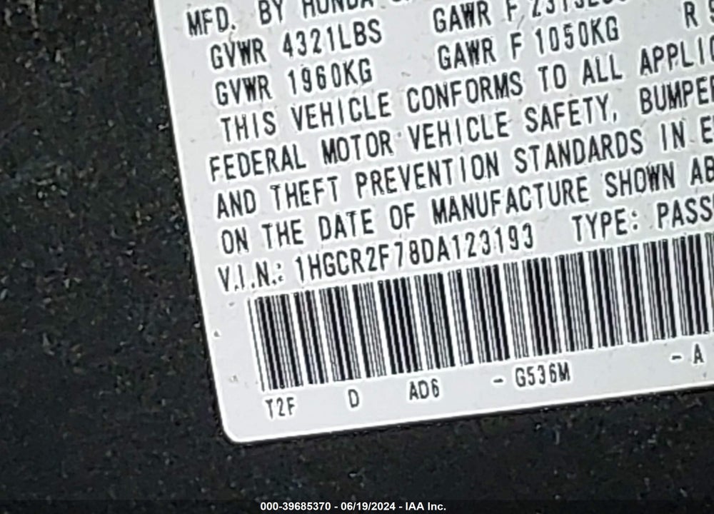 2013 HONDA ACCORD EX VIN: 1HGCR2F78DA123193