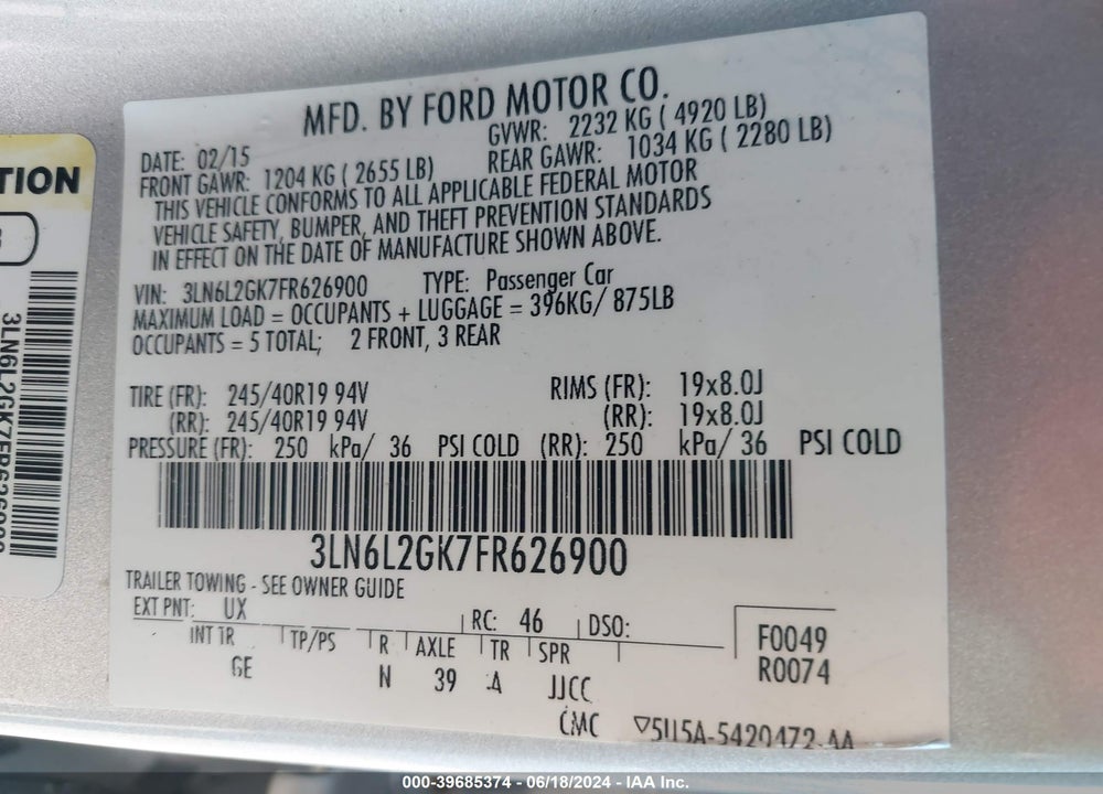 2015 LINCOLN MKZ VIN: 3LN6L2GK7FR626900