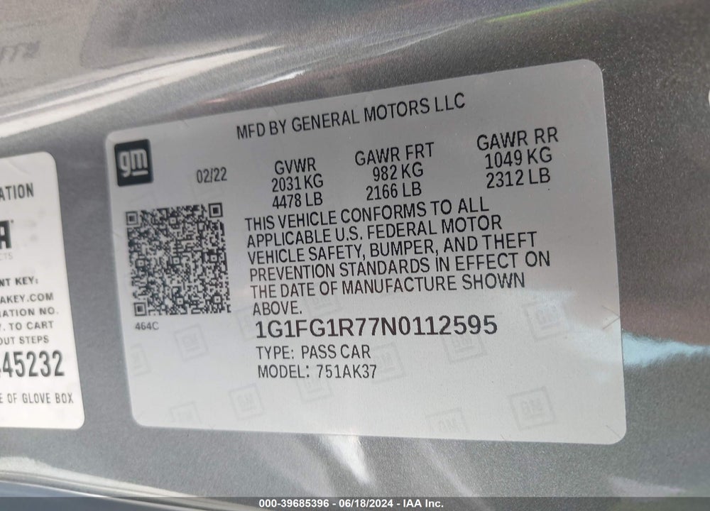 2022 CHEVROLET CAMARO RWD 2SS VIN: 1G1FG1R77N0112595