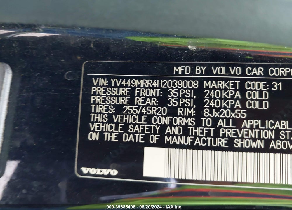 2017 VOLVO XC60 T6 DYNAMIC VIN: YV449MRR4H2039008