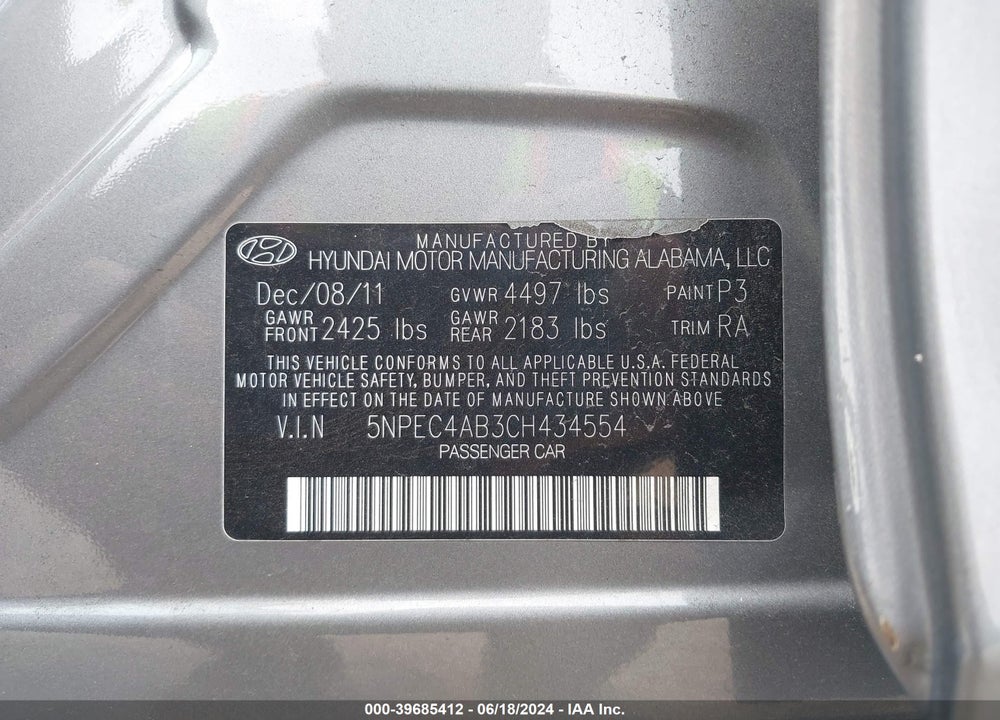 2012 HYUNDAI SONATA SE 2.0T VIN: 5NPEC4AB3CH434554