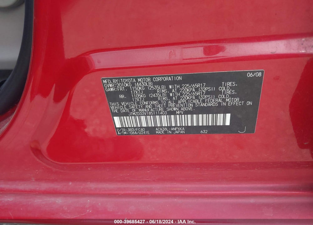 2008 TOYOTA RAV4 VIN: JTMZD33V185111403