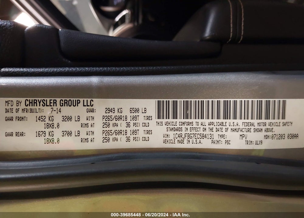 2014 JEEP GRAND CHEROKEE LIMITED VIN: 1C4RJFBG7EC584131