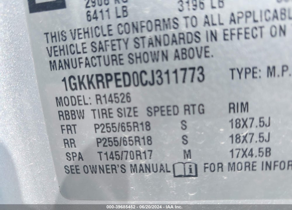2012 GMC ACADIA SLE VIN: 1GKKRPED0CJ311773