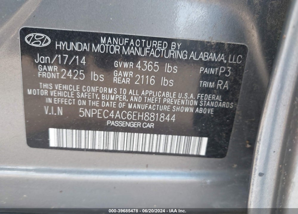 2014 HYUNDAI SONATA LIMITED VIN: 5NPEC4AC6EH881844