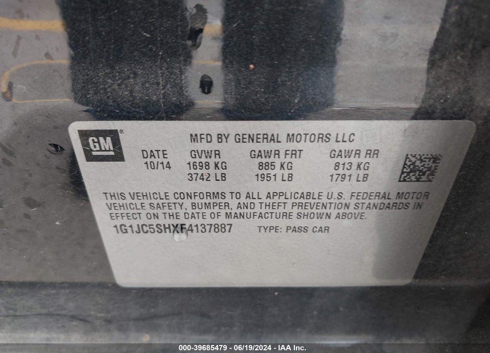 2015 CHEVROLET SONIC LT AUTO VIN: 1G1JC5SHXF4137887