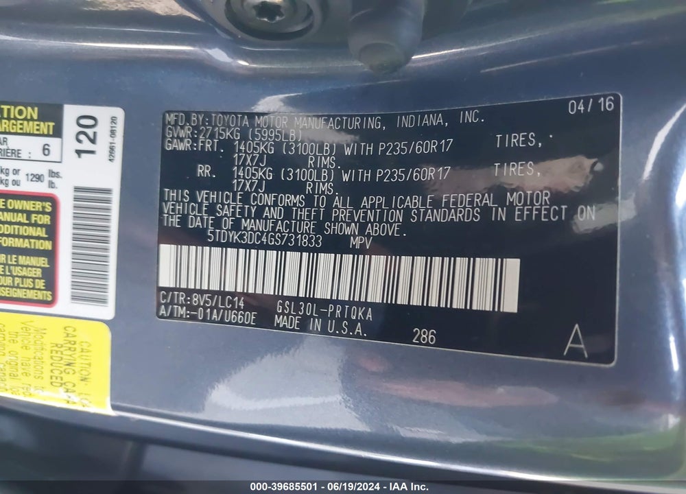 2016 TOYOTA SIENNA XLE 8 PASSENGER VIN: 5TDYK3DC4GS731833